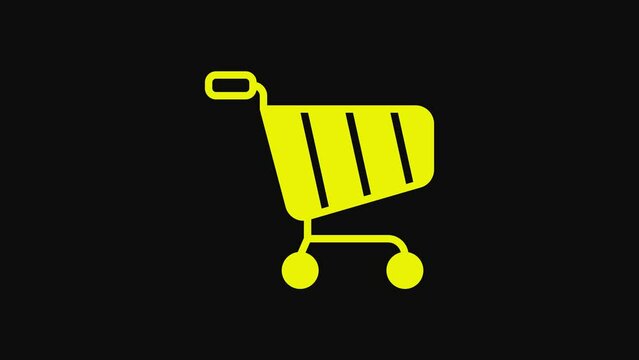 Yellow Shopping cart icon isolated on black background. Online buying concept. Delivery service sign. Supermarket basket symbol. 4K Video motion graphic animation