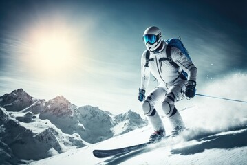 Fototapeta na wymiar An extreme winter skier in a mask and helmet wearing white jacket is going down a virgin sharp slope in the mountain hills. Generative AI