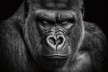 Black and white head portrait of a gorilla - obrazy, fototapety, plakaty