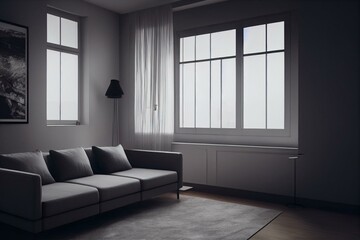 Obraz na płótnie Canvas Modern living room with grey couch sofa. Generative AI