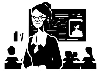 Illustration of woman working in office, vector, monochrome design, working teacher
