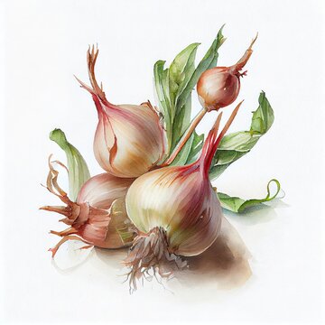 Watercolor Shallot Isolated on White Background. Generative AI