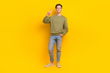 Fototapeta na wymiar Full body portrait of cheerful glad young man hand fingers demonstrate v-sign isolated on yellow color background