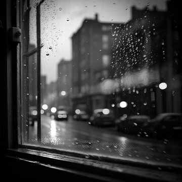  A Window With Rain Drops On It And Cars Parked In The Street Outside Of The Window And A Building In The Background With Cars Parked On The Street.  Generative Ai