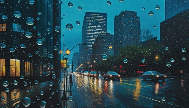  a painting of a city street at night with raindrops on the window and cars driving down the street at night time, with buildings and street lights in the background.  generative ai