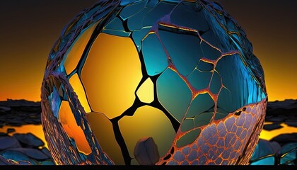  a large glass ball sitting on top of a sandy beach next to the ocean at sunset or sunset time with a crack in the glass.  generative ai