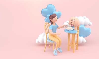 Mom Feeding her Baby. 3D Illustration