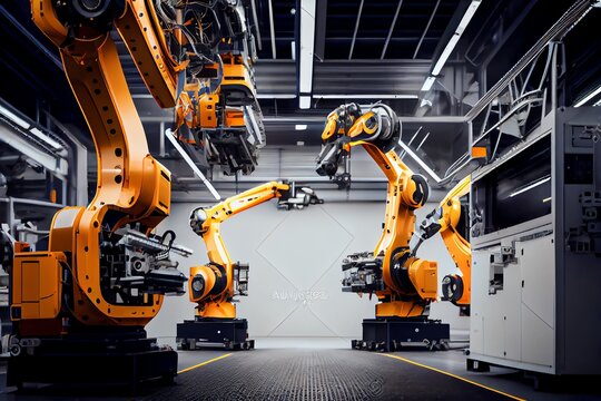 Automotive industry with assembly line conveyors. Advance modern high-tech vehicle assembly plant. Robotic arm welding bodywork, car frame. Generative AI