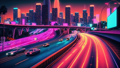 Fototapeta na wymiar a painting of a city at night with neon lights and a highway with cars driving on the road and a city skyline in the background. generative ai
