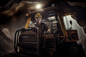 coal mining operator working machine, underground mine mesh, heavy industry. Generative AI