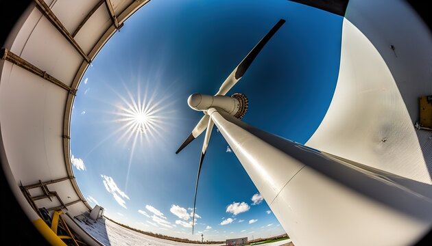 a view of a wind turbine from inside a circular object with a sky background and sun shining through the blades of the blades of the blades.  generative ai