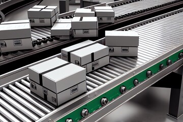 Conveyor belt with orders. Automatic mechanized logistics. Generative AI