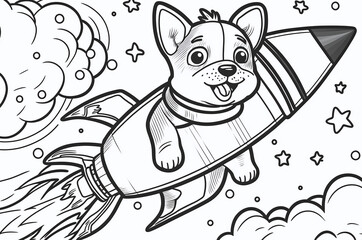 Coloring page for kids, cute dog riding a rocket ship in the air