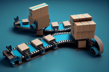 Obraz premium Conveyor belt with orders on blue background, Automatic mechanized logistics, Automatic mechanical packing conveyor belt, Cargo service, warehouse, distribution, 3D Render. Generative AI