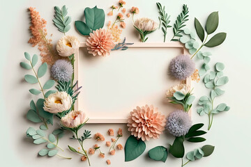 Beautiful floral frame of pastel flowers and eucalyptus leaves on white table top view, Generative AI