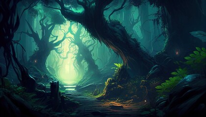Fototapeta na wymiar Deep forest fantasy backdrop painting illustration with Generative AI