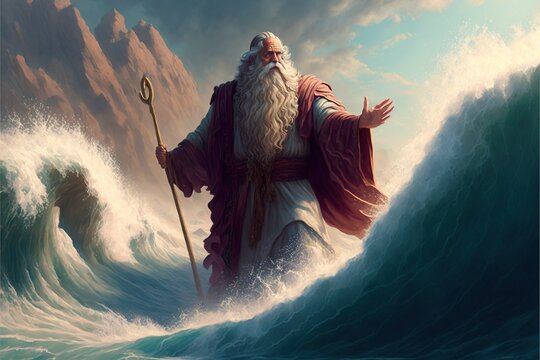 a dramatic fictional illustration of Moses parting the sea