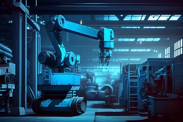 Modern Manufacture factory for Car, conveyor line with Automated robot arm, blue color. Concept innovation Industry engineer. Generative AI
