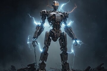 Fototapeta na wymiar Rise of machines, robot and lightening. Cyborg portrait on dark background, generative ai design