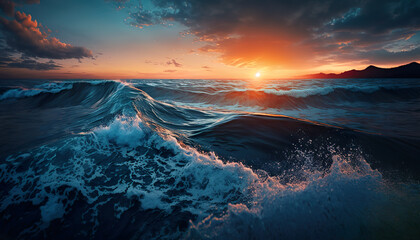 Fototapeta na wymiar Sunset over the sea, beautiful blue waves, Generative AI