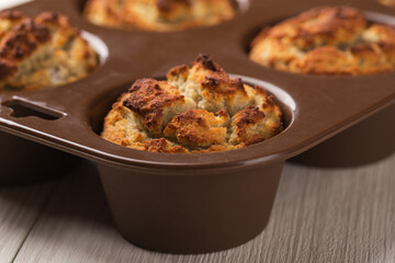 Freshly baked keto diet muffins with coconut flour. Homemade food. Healthy breakfast.