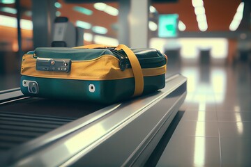 Suitcase or luggage on conveyor belt in international airport. Generative AI