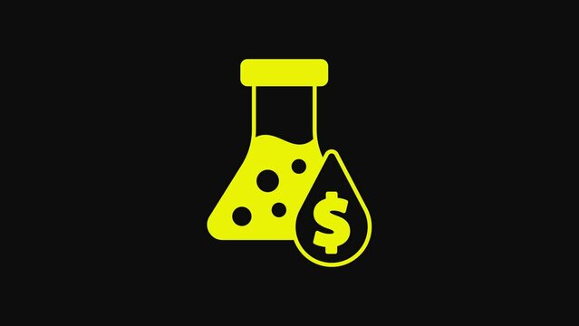 Yellow Oil petrol test tube icon isolated on black background. Cmemistry flask and falling drop. 4K Video motion graphic animation