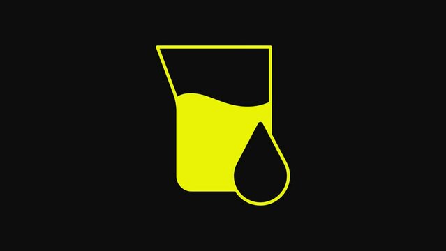 Yellow Oil petrol test tube icon isolated on black background. Cmemistry flask and falling drop. 4K Video motion graphic animation