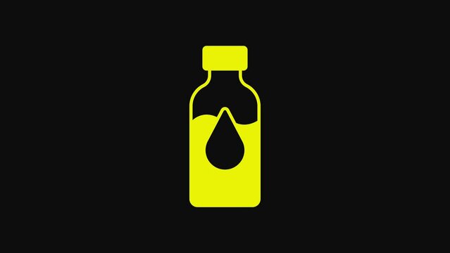 Yellow Oil petrol test tube icon isolated on black background. Cmemistry flask and falling drop. 4K Video motion graphic animation