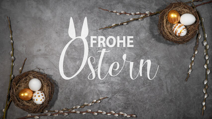 Frohe Ostern Feier Feiertage  Hintergrund - Osternester mit gold bemalten Ostereiern und...