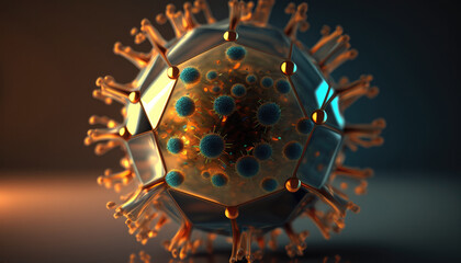 Virus model microscoping view. Concept created with Generative AI technology.