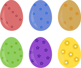 Simple vector illustration of six colorful easter eggs with pattern designs isolated on white background