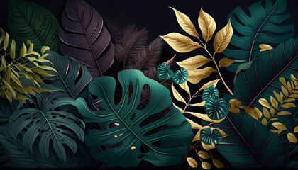 Tropical background with exclusive leaves. Plant composition. Subdued and dark colors. Gold accessories. Rainforest pattern illustration. Moody dark lightning. Print card, stationery. Generative Ai