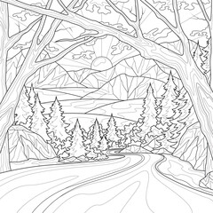 Fototapeta na wymiar Road among the mountains.Coloring book antistress for children and adults. Illustration isolated on white background.Zen-tangle style.
