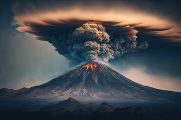 A panoramic view of a volcano with a plume of smoke in the background, Rank 1 National Geographic,...