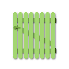 illustrazione di staccionata per giardino in legno verde su sfondo trasparente, vista fronte con maniglia e cardini