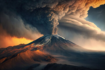 A panoramic view of a volcano with a plume of smoke in the background, Rank 1 National Geographic, volcano, mountain, landscape, sky, nature, mount, eruption, fuji, clouds, travel, peak, lava, snow,  - obrazy, fototapety, plakaty