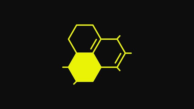 Yellow Molecule oil icon isolated on black background. Structure of molecules in chemistry. 4K Video motion graphic animation