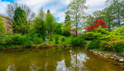 Fototapeta na wymiar Beautiful trees and flowers in the Japanese garden in the Budapest Zoo in Hungary. Spring green landscape