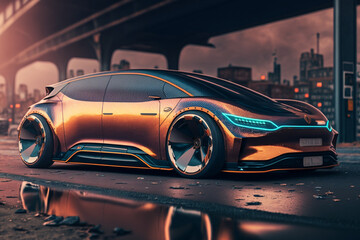 Future modern sports car exterior, luxury creative car parked near the bridge, front view of modern black premium car, generated ai