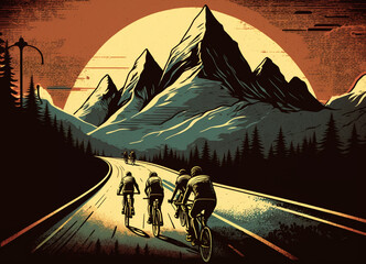 Group of bicycling athletes on winding mountain road are moving towards the mountains behind which the sun rises in retro style, healthy lifestyle, generative ai