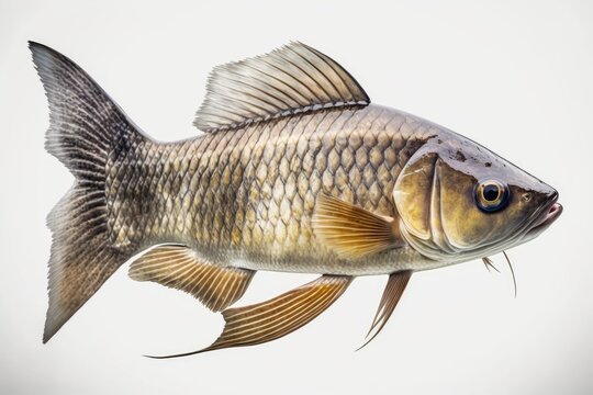 Closeup of a freshwater fish on a white background. A member of the Cyprinidae family of fish, the grass carp has the type species Ctenopharyngodon idella. Generative AI