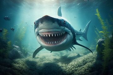 Obraz premium Happy big shark underwater on a reef background, generated ai