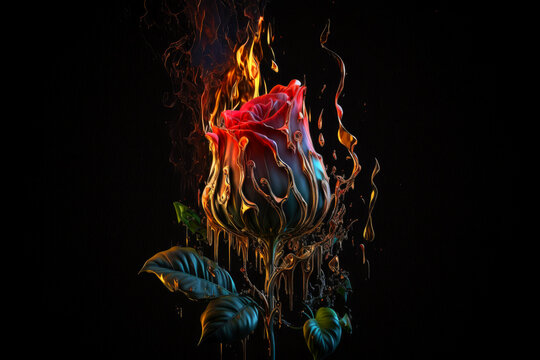 Burning rose melting on black backgroundม Generative AI

