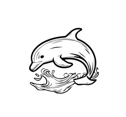 Dolphin in cartoon black and white style for coloring. Vector illustration