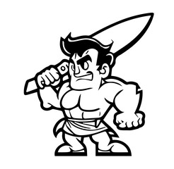 Butcher with a big knife in cartoon black and white style for coloring. Vector illustration