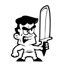 Butcher with a big knife in cartoon black and white style for coloring. Vector illustration
