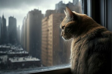 Cat looking out of a window at the city scape (Ai generated)