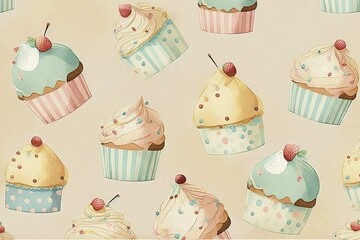 Cupcakes, Sweet cake vintage full background pattern, watercolor (Ai generated) 