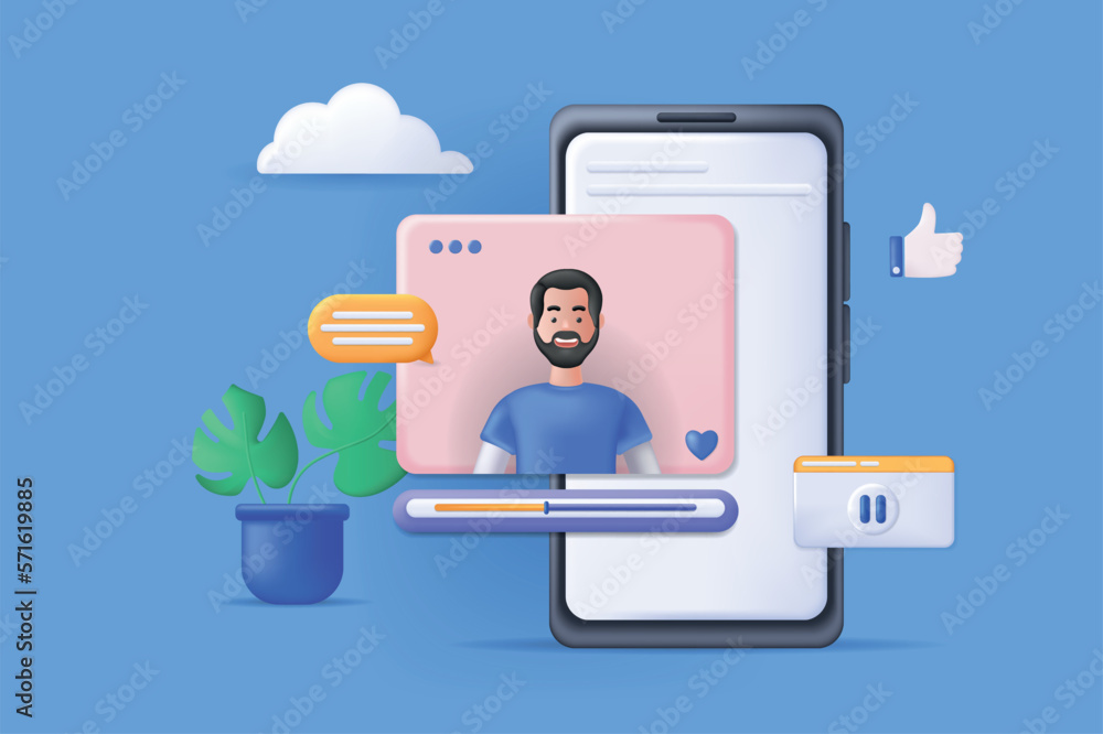 Poster mobile video player concept 3d illustration. icon composition with mobile software for viewing video